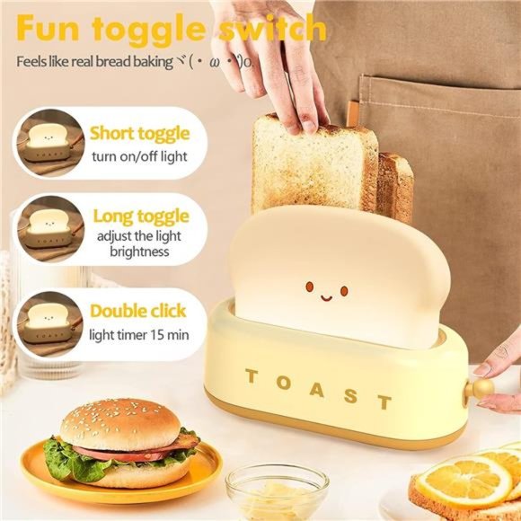 Small Table Lamp, Cute Toast Bread LED Bedroom Nightstand Light Rechargeable - Picture 6 of 6